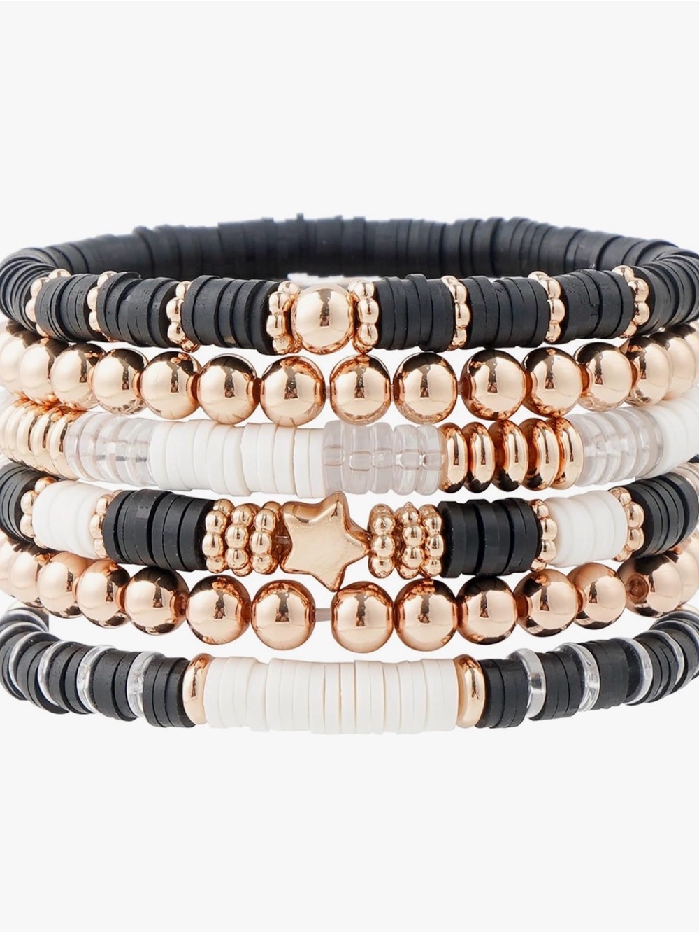 Stackable Black, White & Rose Gold Beaded Bracelet Set - Women Jewelry